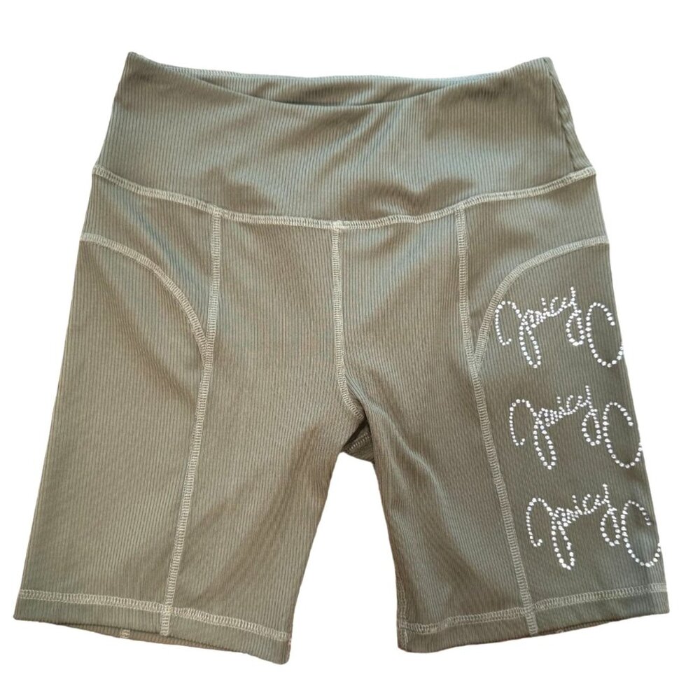 Juicy Couture Ribbed Compression Shorts Olive Green with Bling Logo Women's Smal